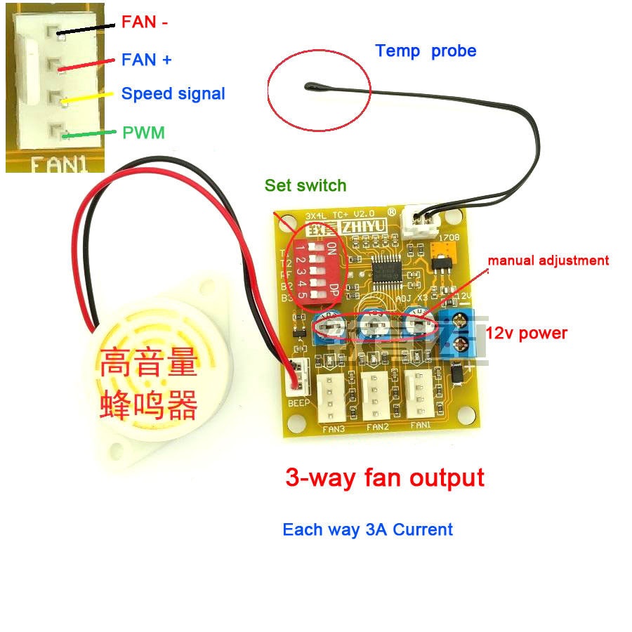 Bộ Điều Khiển Nhiệt Độ Quạt Tản Nhiệt Dc 12v 3 Chiều 4 Dây 3a Pwm Pc Cpu