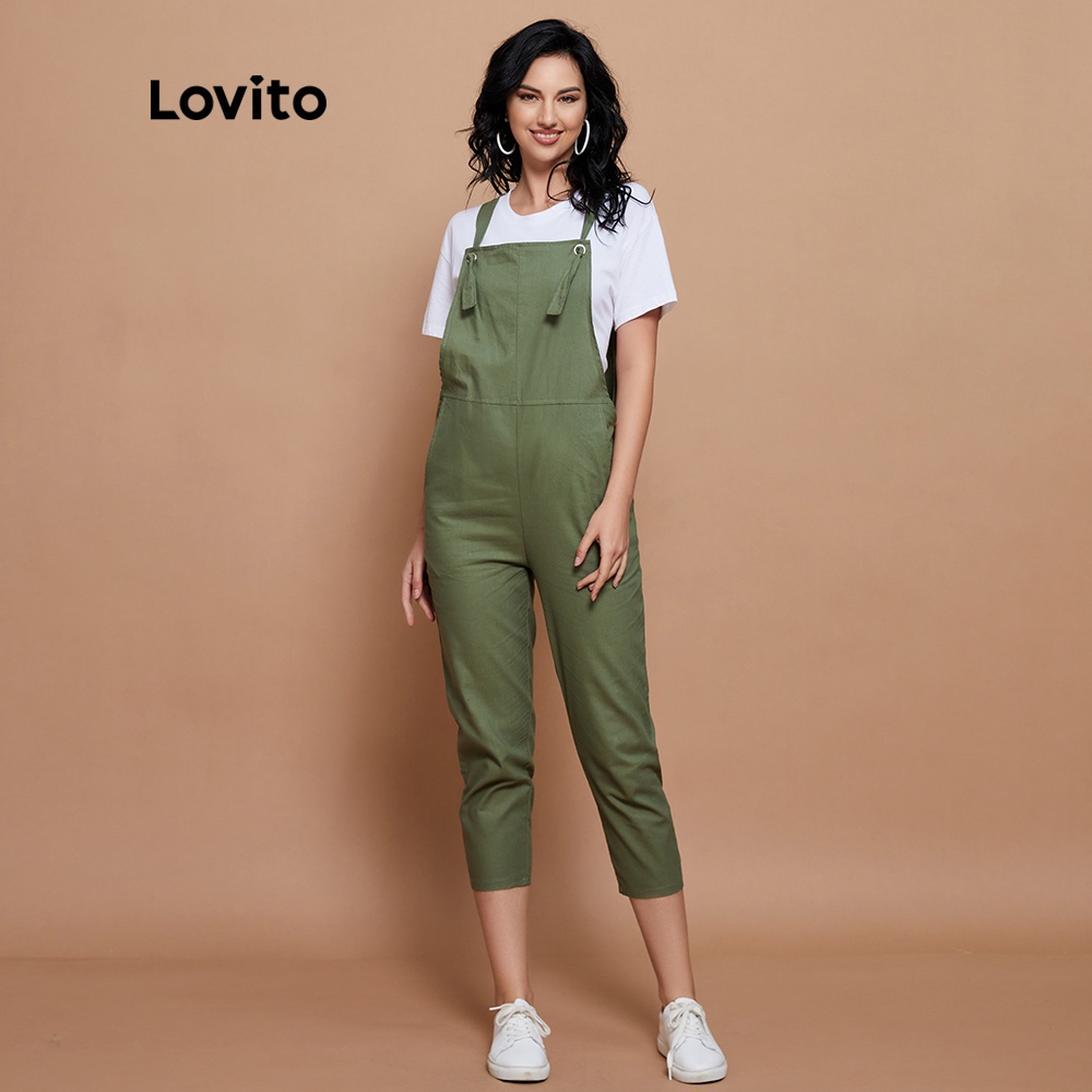 Quần yếm Lovito màu trơn cơ bản có túi vừa vặn phong cách đơn giản L14X089 (Màu xanh lá cây quân đội)