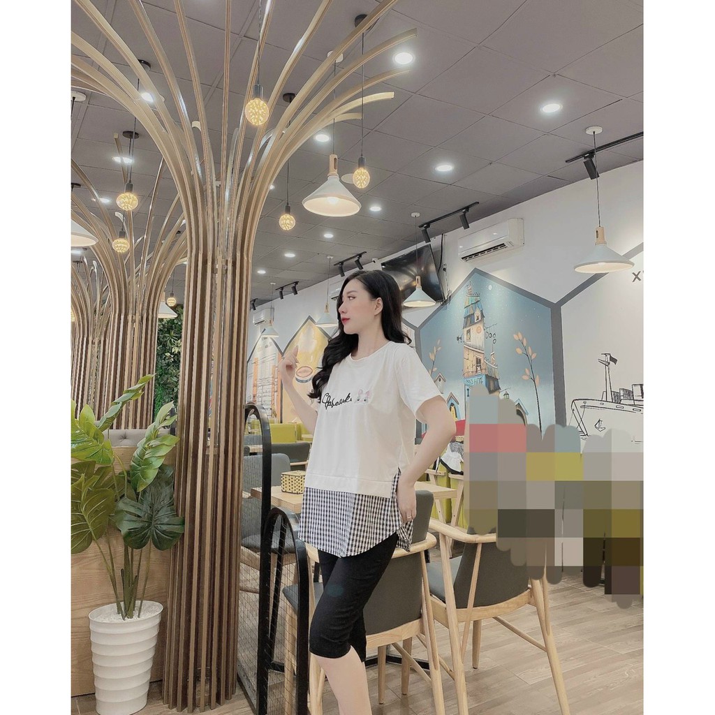 Áo bầu đẹp cotton dáng suông mùa hè cộc tay mát pha sọc công sở xinh