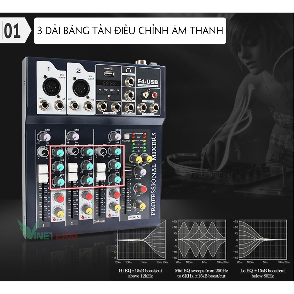 Bộ chộn âm thanh Mixer F4 Pro USB có Bluetooth bản nâng cấp tặng dây truyền nhạc ,Zắc 6.5 -dc4178+dc867+dc3125