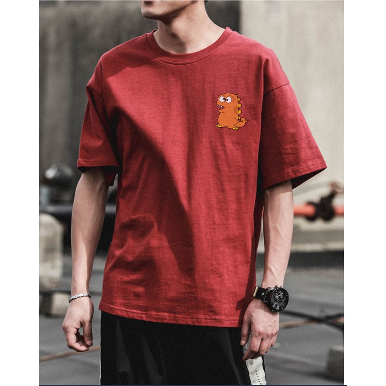 Áo thun cotton 100% oversize tay lỡ màu Đỏ Đô Unisex nam nữ Khung long Siêu cute - áo phông basic streetwear