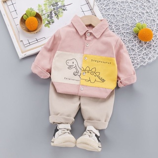 ST539 - Set Quần Áo Sơ Mi Dài Tay Khủng Long - Màu Hồng