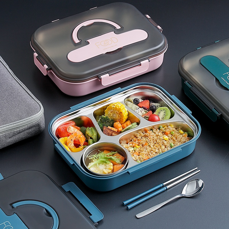 Hộp Cơm Văn Phòng-Hộp Cơm Giữ Nhiệt 5 ngăn bằng INOX có bát đựng canh có giá để điện thoại tặng đ - Shop Dathang1688