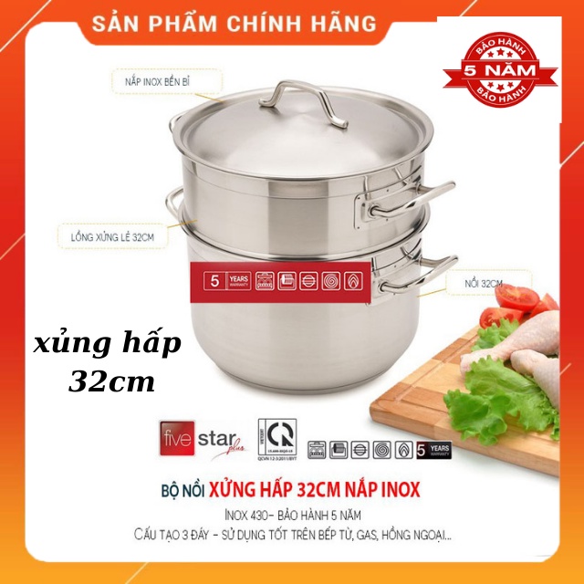 Bộ Nồi Xửng Hấp Inox 3 Đáy Fivestar 32cm -18 Lít -Nắp Inox-Dùng Được Bếp Từ- Bảo Hành 60 Tháng Chính Hãng