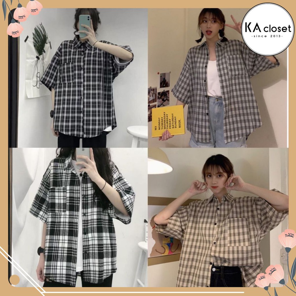 🆕 Sơ mi kẻ cộc tay KA Closet chất kẻ thô có 4 màu kẻ, tay lỡ qua khủy tay, from rộng 40-68kg nam nữ mặc được