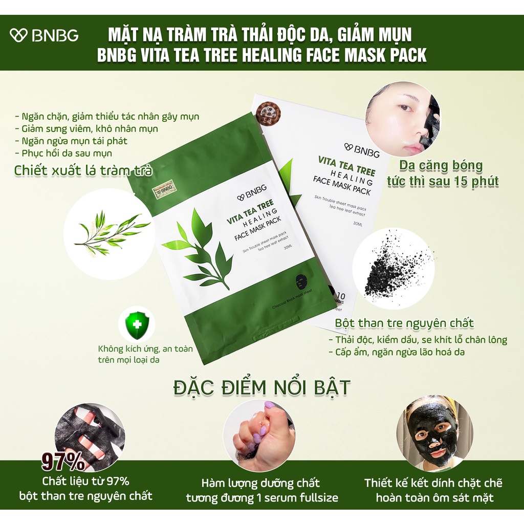 [HỘP 10 MIẾNG] BNBG Mặt Nạ Tràm Trà Vita Tea Tree Healing Face Mask Pack Giảm Mụn Thâm Sẹo Thải Độc Da [NHẬP KHẨU]