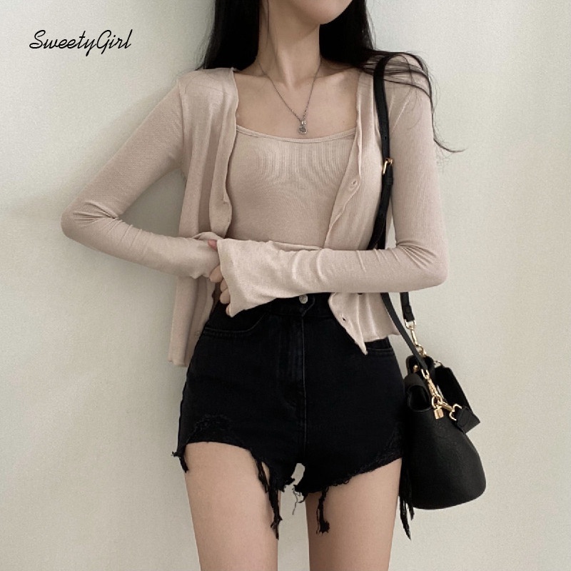 Áo Thun Tay Dài Cổ Chữ V Cài Nút Màu Trơn Dáng Ôm Quyến Rũ Dành Cho Nữ 2022