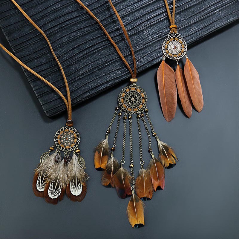 Vòng cổ Mặt Dreamcatcher Phối Lông Vũ Dài Phong Cách Bohemian