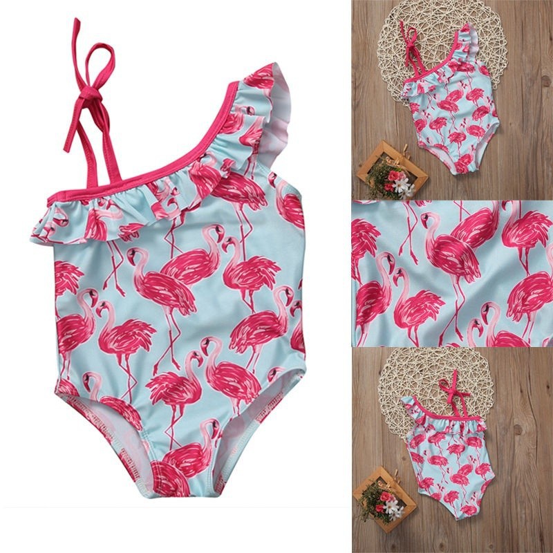 Đồ bơi 1 mảnh thiết kế lệch vai in hình hồng hạc xinh xắn cho bé gái 1-6T