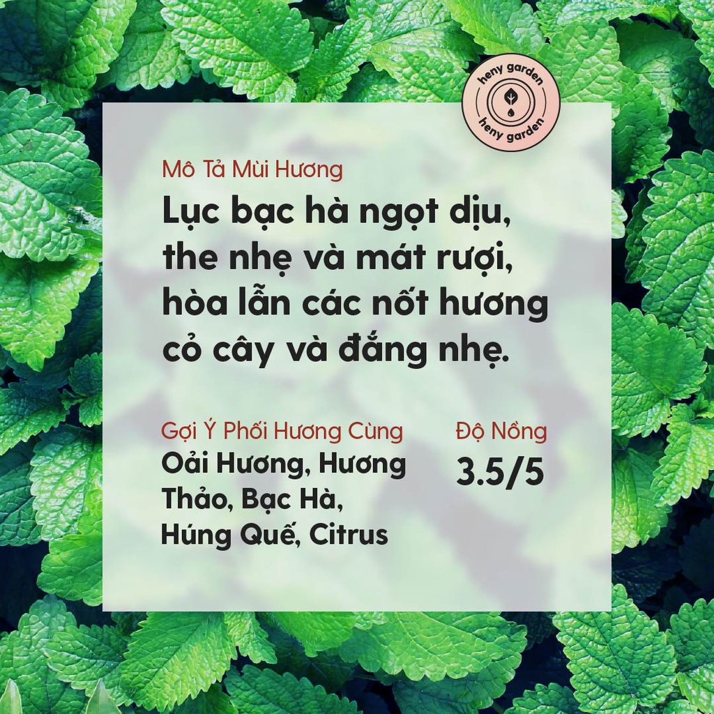 Tinh Dầu Bạc Hà Lục Organic Nguyên Chất Đậm Đặc Xông Thơm Phòng, Làm Nến Thơm Thiên Nhiên, Giúp Dễ Ngủ Heny Garden 10mL