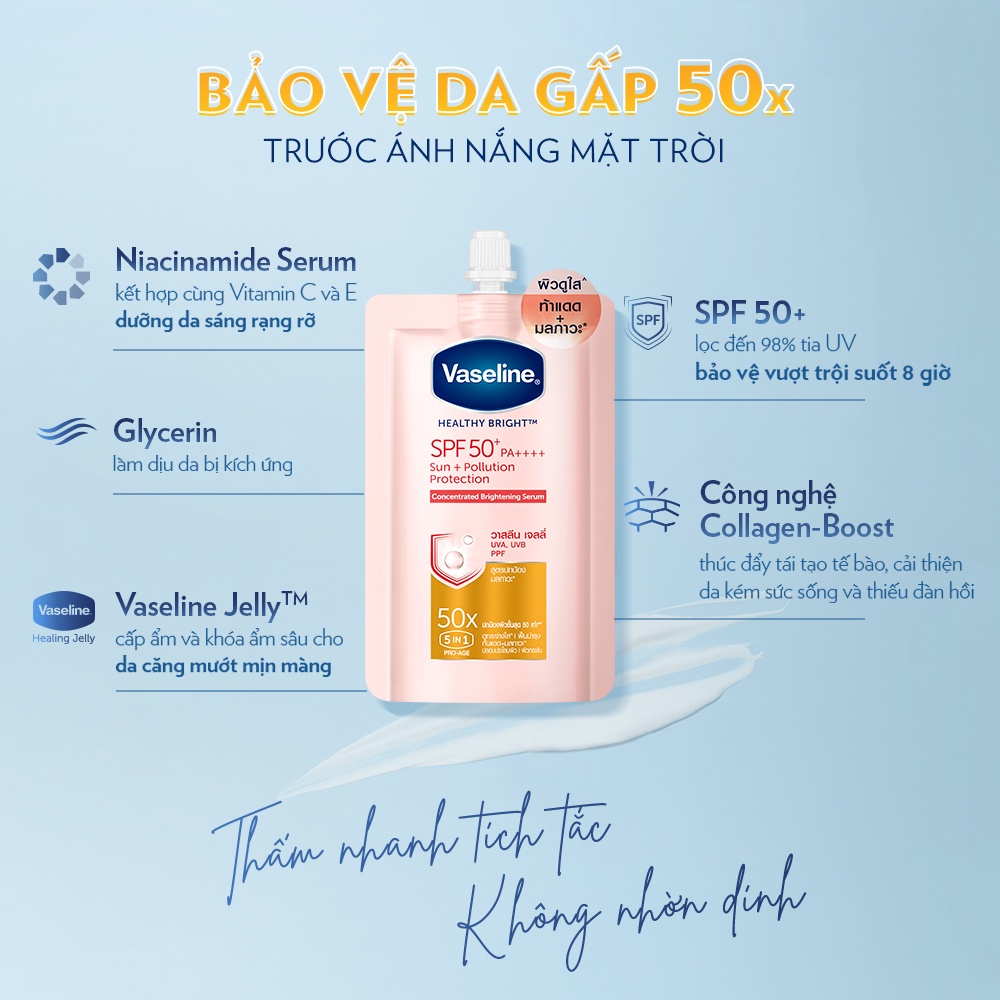 Combo 3 Vaseline 50x Serum chống nắng cơ thể SPF50 + dưỡng da sáng khoẻ 30ML/ gói