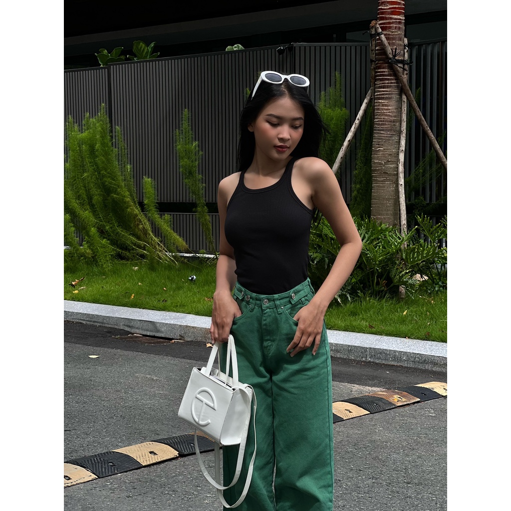 Quần jeans nữ suông dài, màu xanh lá, là min - STRAIGHT-LEG BUTTON JEANS - KELLY GREEN
