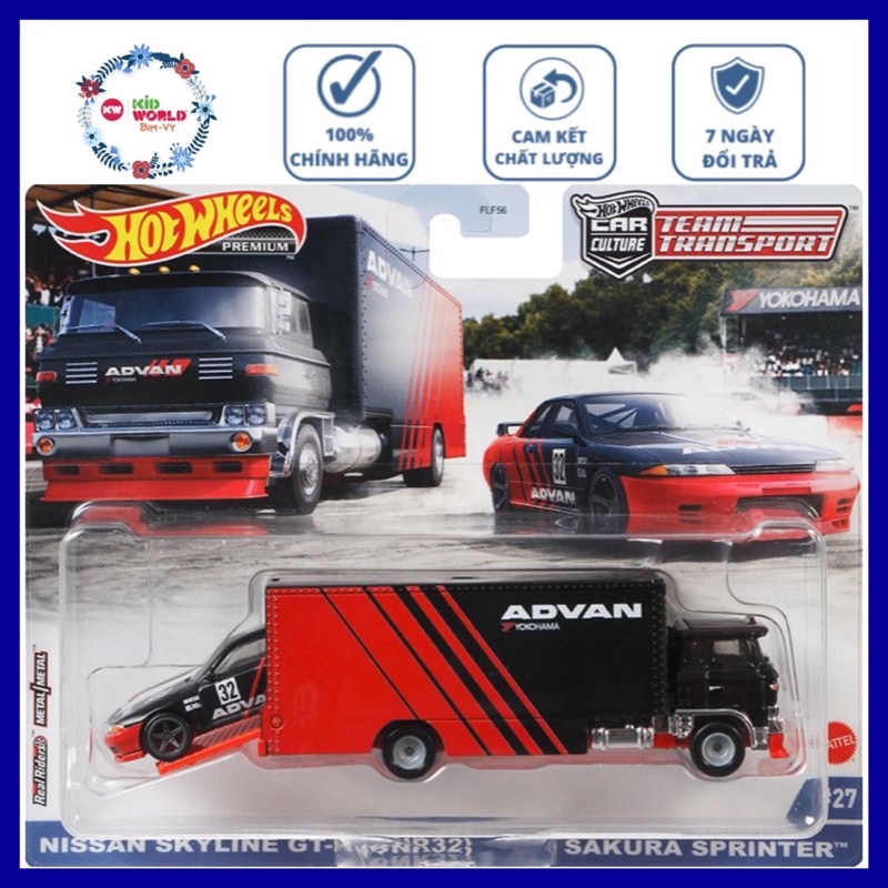 Xe mô hình Hot Wheels Car Culture Team Transport Pack Nissan Skyline GT-R (BNR32) Sakura Sprinter GRK55, bánh cao su.
