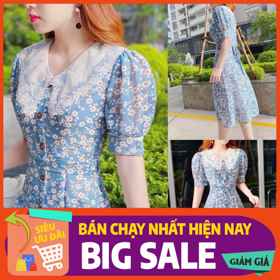 Đầm hoa xanh lam cổ phối ren dáng xòe chất voan cao cấp phù hợp đi chơi dự tiệc V1494