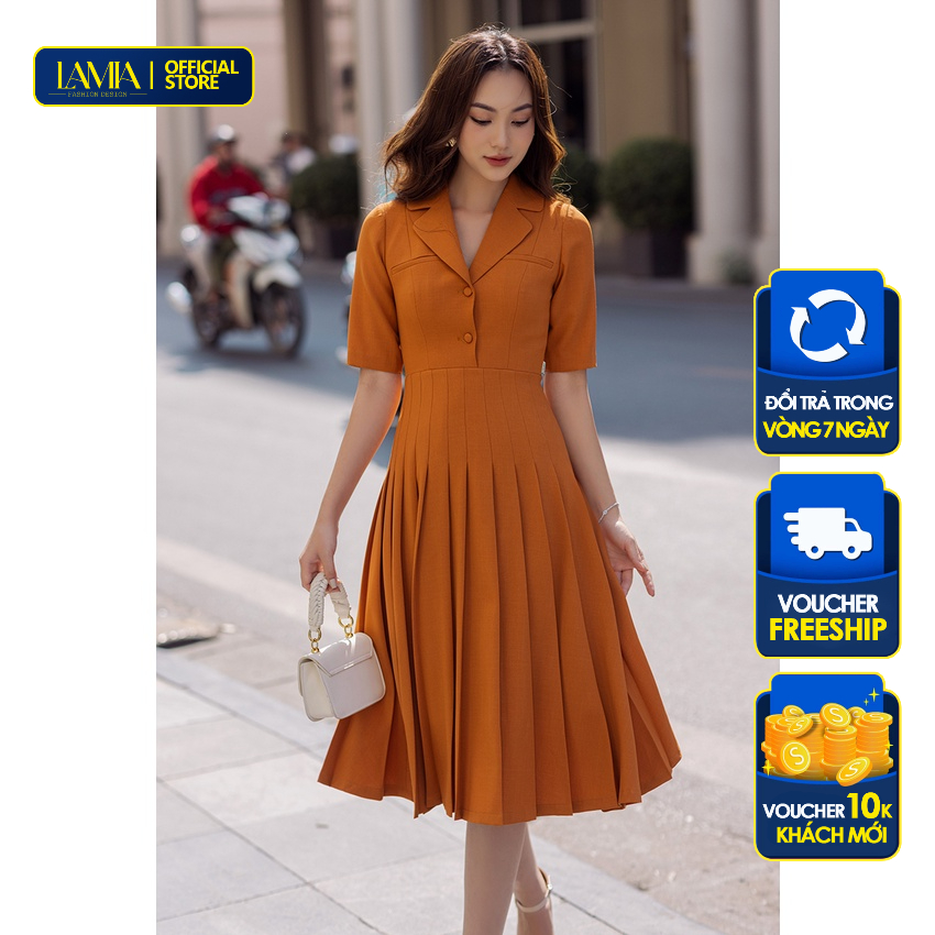 Đầm công sở Lamia Design LD150 màu cam phối dáng vest và xếp ly nhỏ dáng xòe