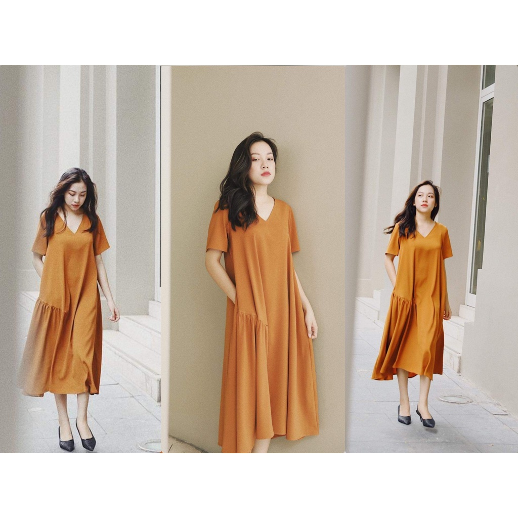 Đầm Cổ V Đuôi Cá Nhúm 1 Bên Phom Suông Rộng Chất Mát Không Nhăn