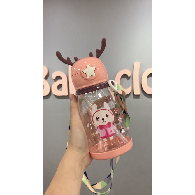 [RẺ VÔ ĐỊCH] Bình nước nhựa cao cấp có ống hút kèm dây đeo cho bé họa tiết hoạt hình dễ thương