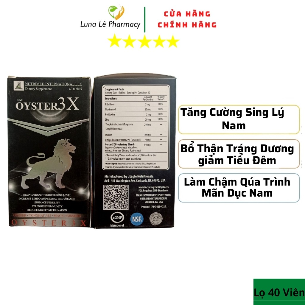 Oyster 3X Lọ 40 Viên Tăng Cường Sinh Lý Nam, Khoẻ Tinh Trùng, Bổ Thận Tráng Dương