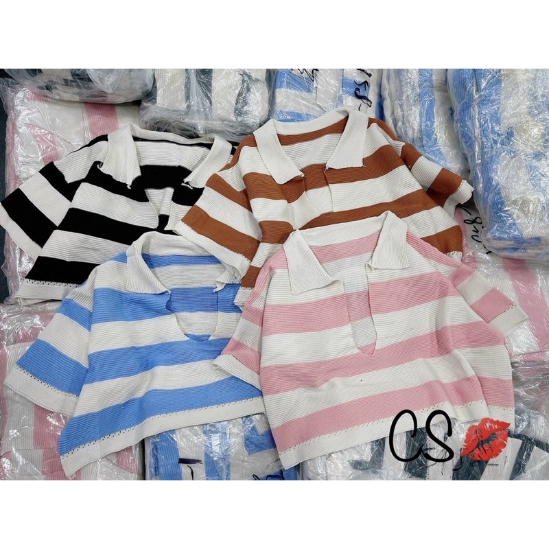 Áo montoghi kẻ cổ bẻ khoét Quảng Châu dáng croptop LEN SỌC