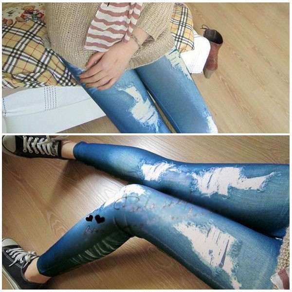 Quần legging nữ co giãn thiết kế giả jean rách độc đáo cá tính