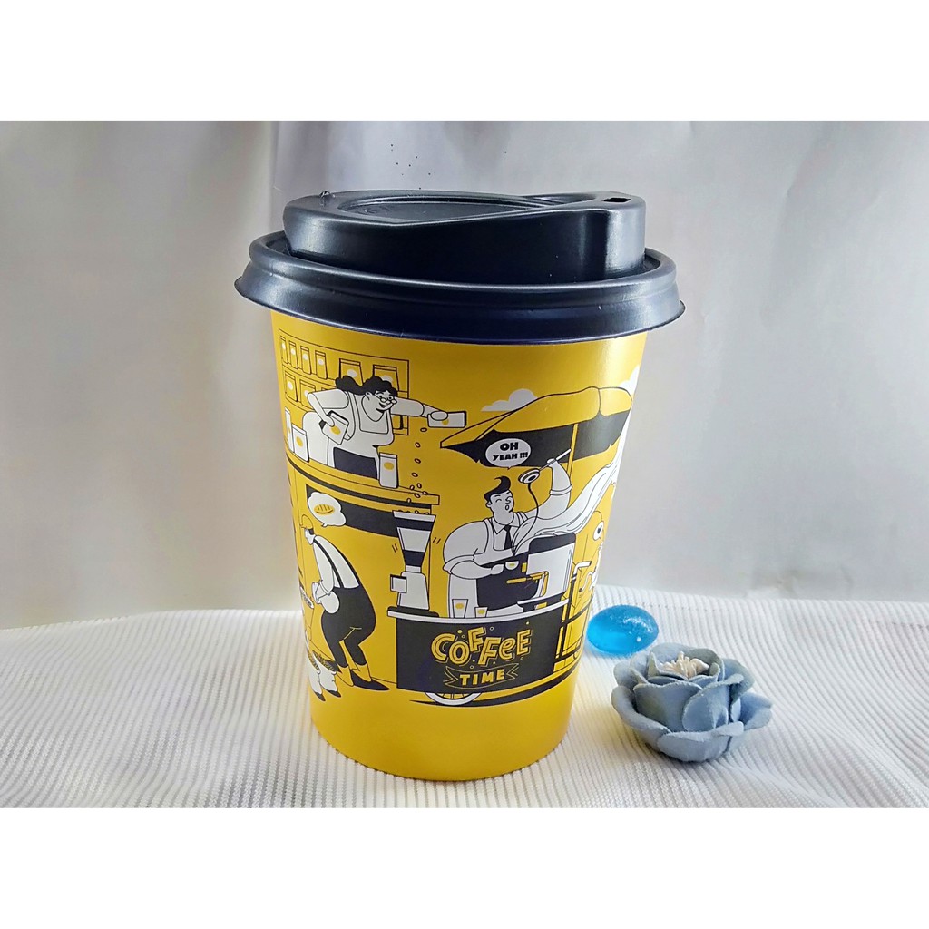 50 Ly cốc giấy cafe có nắp in hình Coffee Time take away 360ml