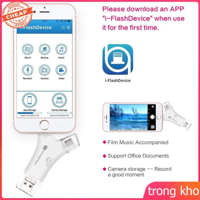 Đầu đọc thẻ nhớ SD & Micro SD/USB 4 trong 1 cho iPhone iPad Mac & Android