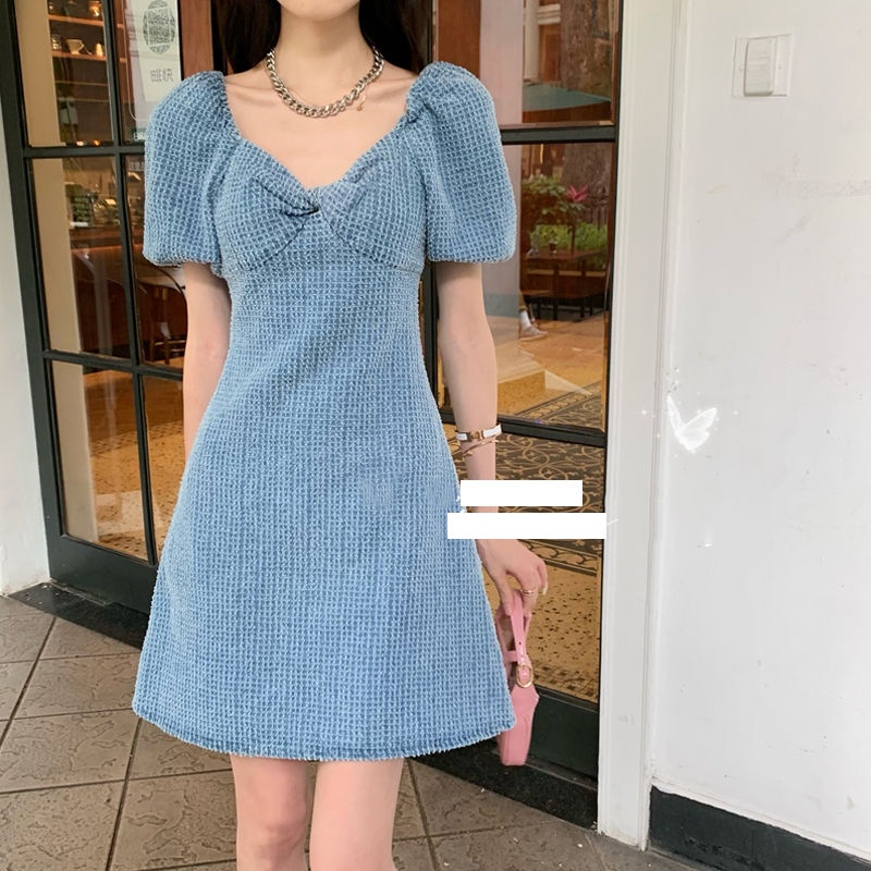 Đầm denim tay phồng cổ chữ v thời trang xinh xắn cho nữ