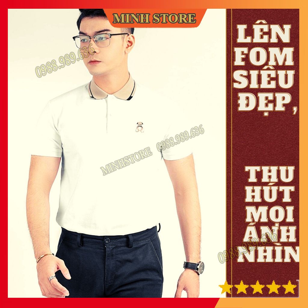 Áo polo nam vải cá sấu mát lạnh chất cotton 4 chiều cao cấp,  áo thun polo in hình gấu co dãn trẻ trung AT04 - MS66
