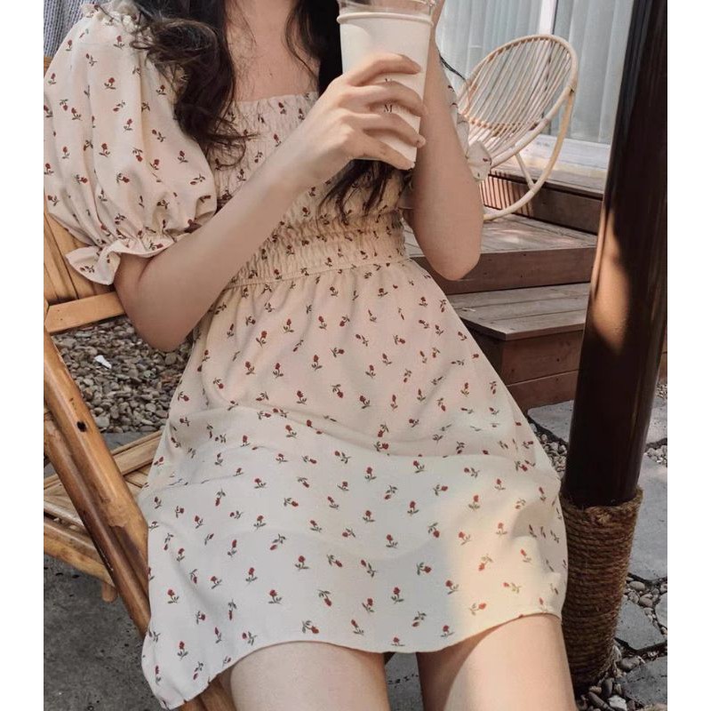 ĐẦM LỤA CỔ VUÔNG HỌA TIẾT HOA XINH DÀY DẶN [DRESS] ⚡Váy Hoa Nhí Nhún Ngực Hàn Quốc | BigBuy360 - bigbuy360.vn