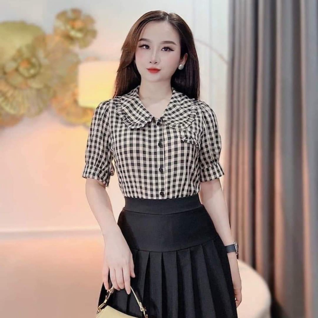Áo Sơ mi nữ công sở thời trang Suri Shop,lụa caro tay ngắn có túi giã rất thời trang-CAROTUIGIA