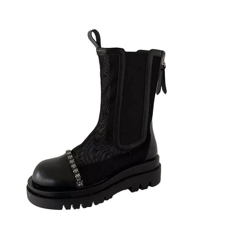 2021Summer Internet Celebrity Boots Thin Hollow Sandal Boots Fashion Rhinestone Mesh Dr. Martens Boots Thick Bottom Mid-Calf Mesh Boots