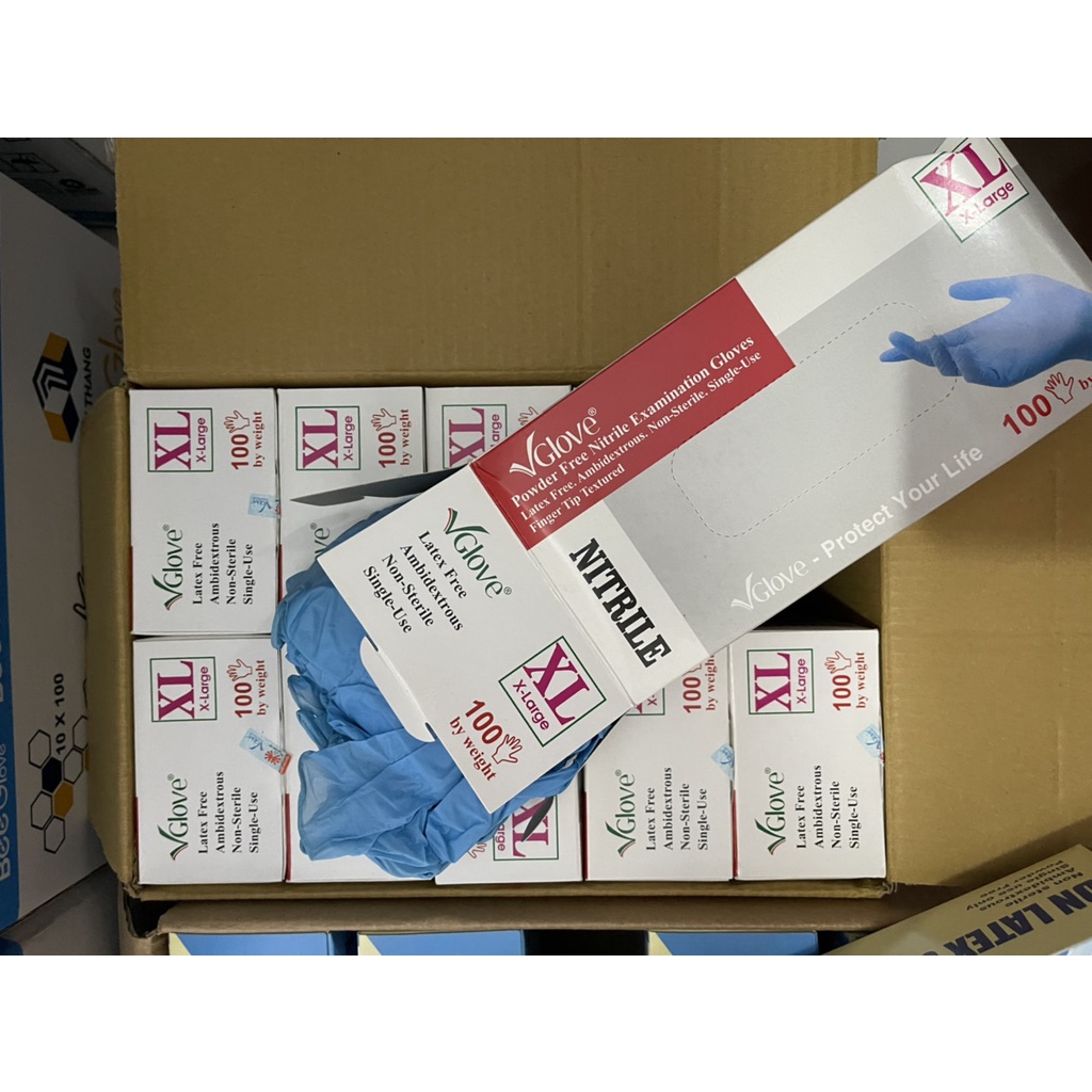 Găng tay y tế khám bệnh Vglove Nitrile - Size S, L, XL , màu xanh