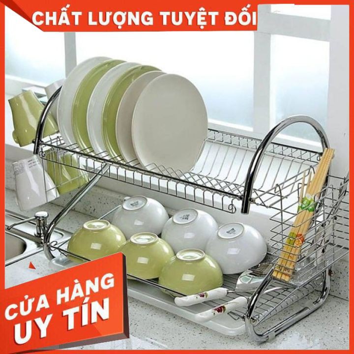 Giá úp bát INOX 2 tầng có khay hứng nước HÀNG L1 DÀY DẶN