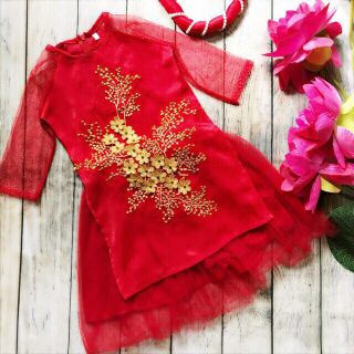 ÁO DÀI CÔNG CHÚA HOA LI TI ĐẮP NỔI SIZE 10-22KG (GỒM ÁO DÀI - CHÂN VÁY VÀ MẤN NGỌC )
