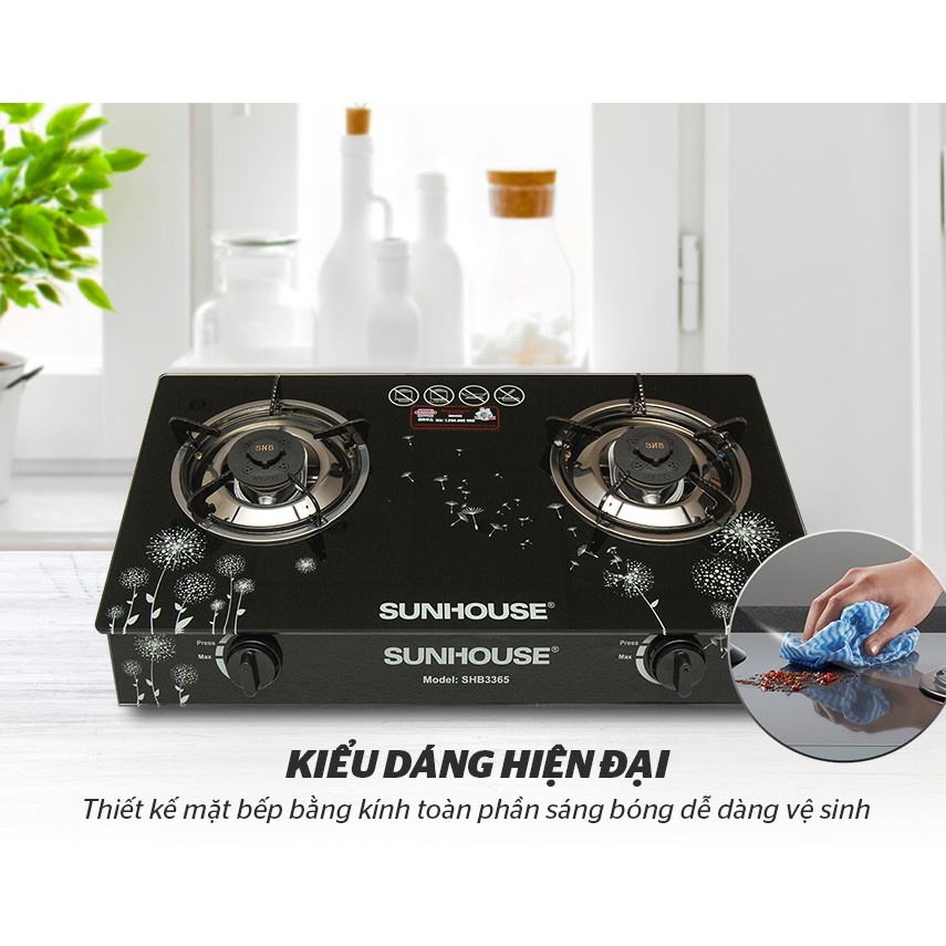 Bếp gas đôi Sunhouse SHB3365 HÀNG trưng bày,mặt bếp bằng kính cường lực,Đầu đốt tiết kiệm ga