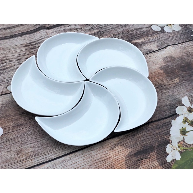 Bộ Đĩa Mặt Trăng 5 Cánh Men Trắng Bày Thức Ăn Gốm Sứ Bát Tràng Cao Cấp