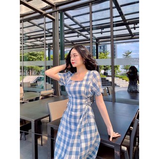 Đầm váy freesize caro cổ vuông đan dây eo