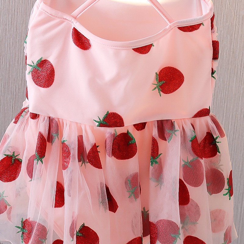 Bộ Đồ Bơi Liền Thân Kèm Mũ Hình Quả Dâu Màu Hồng Dễ Thương Dành Cho Bé Gái