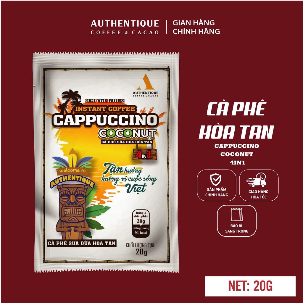 [GÓI LẺ] Cà phê pha sẵn hòa tan vị sữa dừa 4in1 20G - Cappuccino Coconut | Authentique Instant Coffee