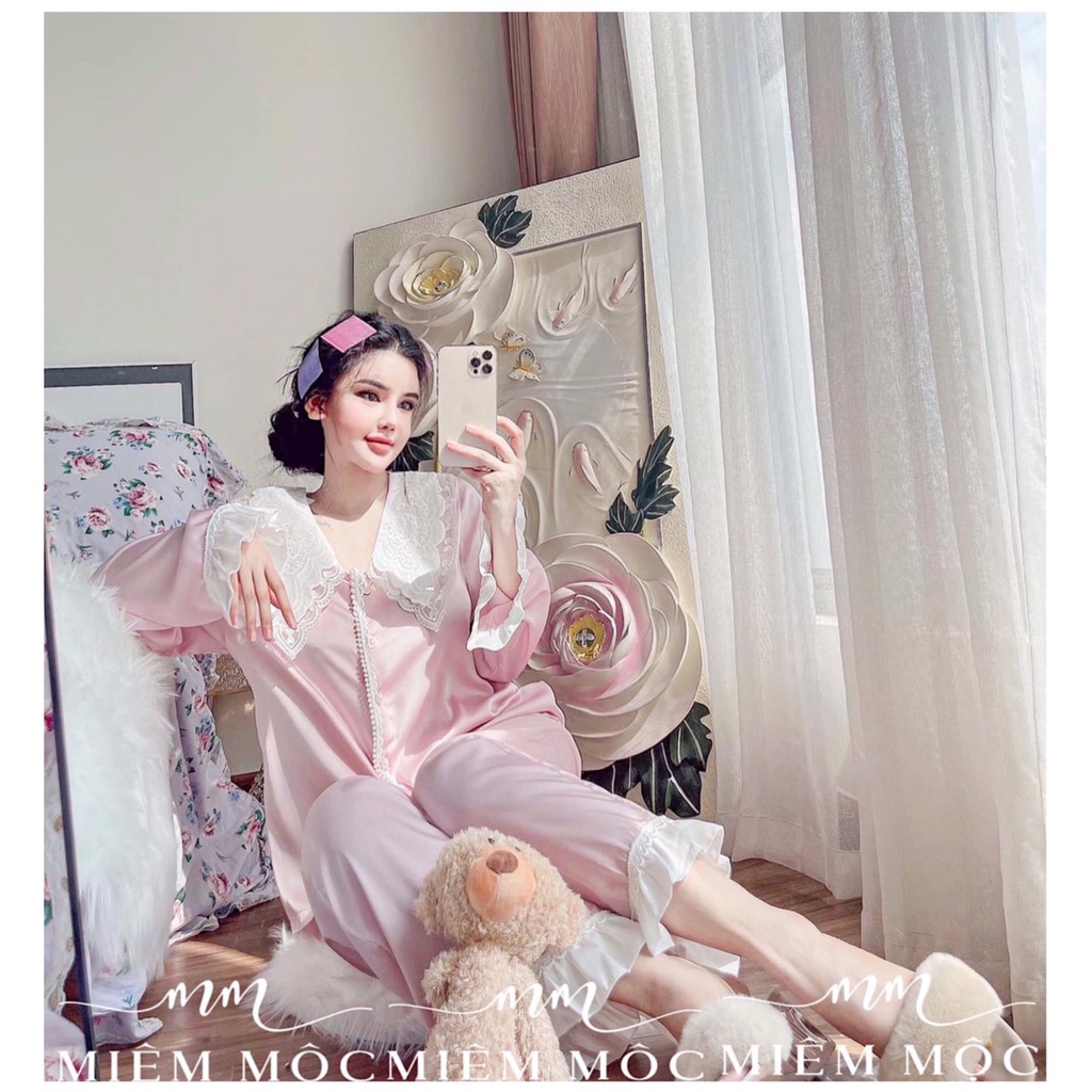 BỘ NGỦ DÀI TAY TIỂU THƯ BÁNH BÈO - PIJAMA QUẢNG CHÂU CAO CẤP - SET LỤA MIÊM MỘC CE020
