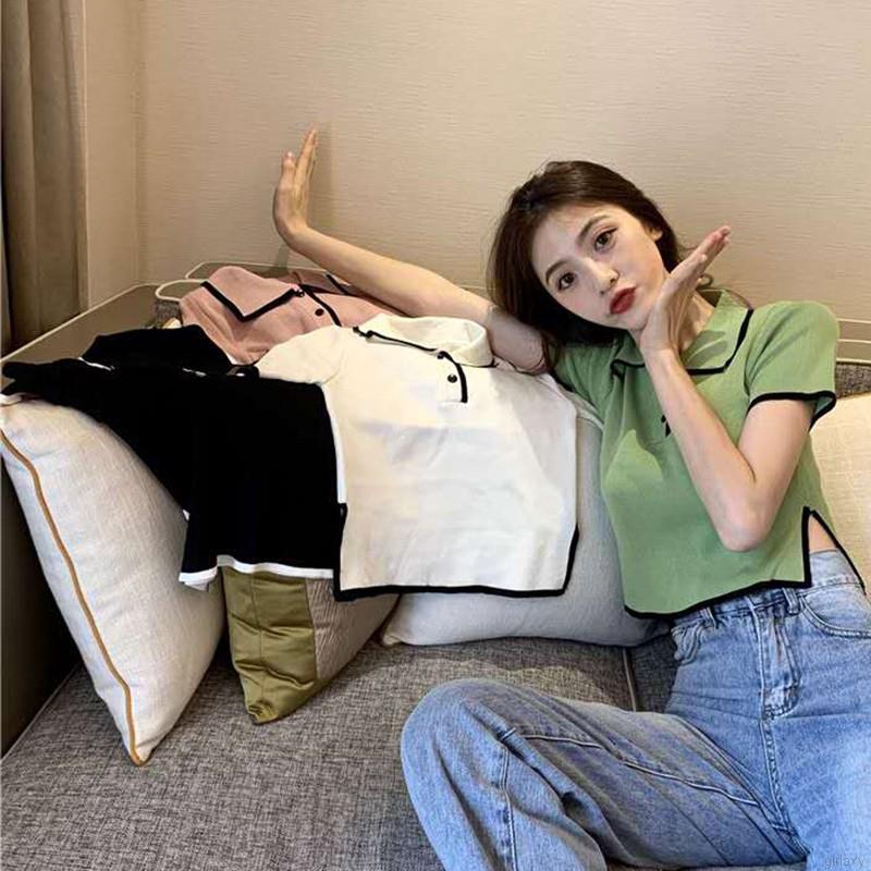 Áo thun nữ tay ngắn cổ bẻ phong cách thời trang Hàn Quốc