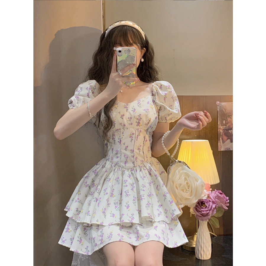 Đầm hoa ZHELIHANGFEI ngắn tay phong cách thời trang xinh xắn dành cho nữ