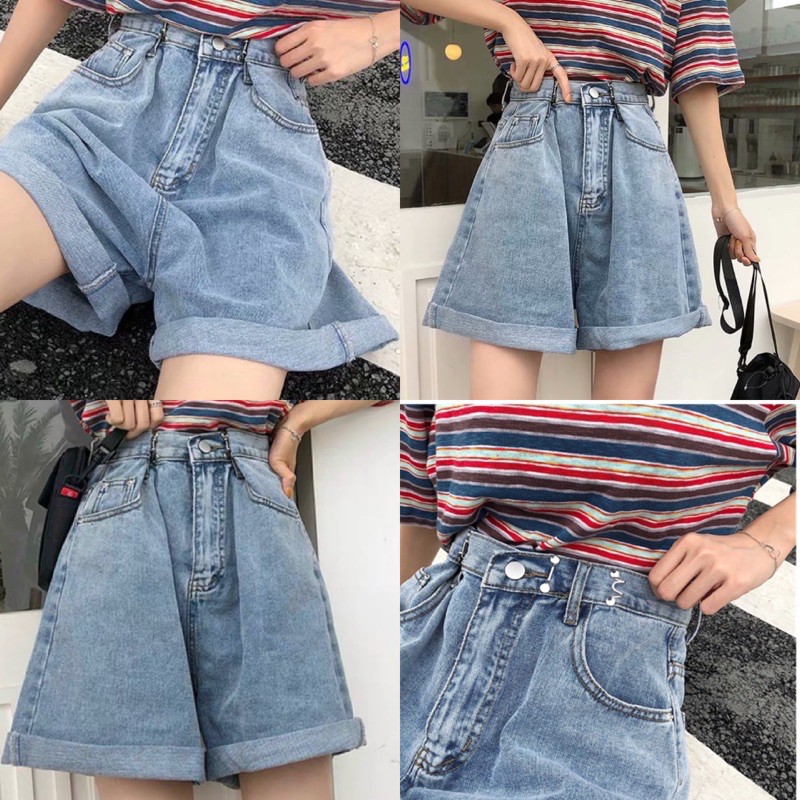 Quần đùi jeans nữ - Short bò ngố cài khuy eo kiểu dáng Ullzzang