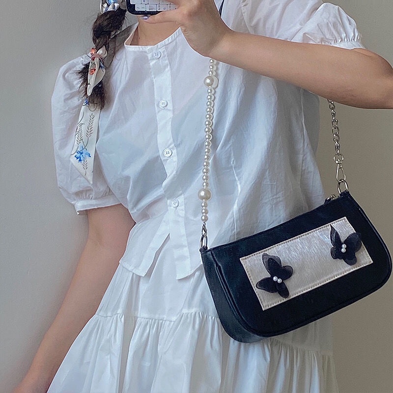 Túi đeo vai IELGY trang trí bướm phối chuỗi ngọc trai vintage kiểu Pháp cho nữ