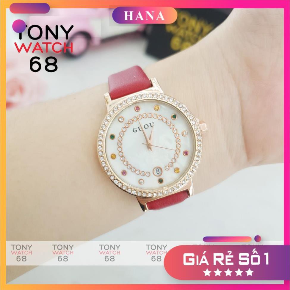 Đồng hồ nữ Guou chính hãng dây da đá 7 màu có lịch sang trọng chống nước Tony Watch 68