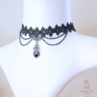 Vòng cổ choker ren hoa phối mặt đá hình trái tim thời trang cho nữ