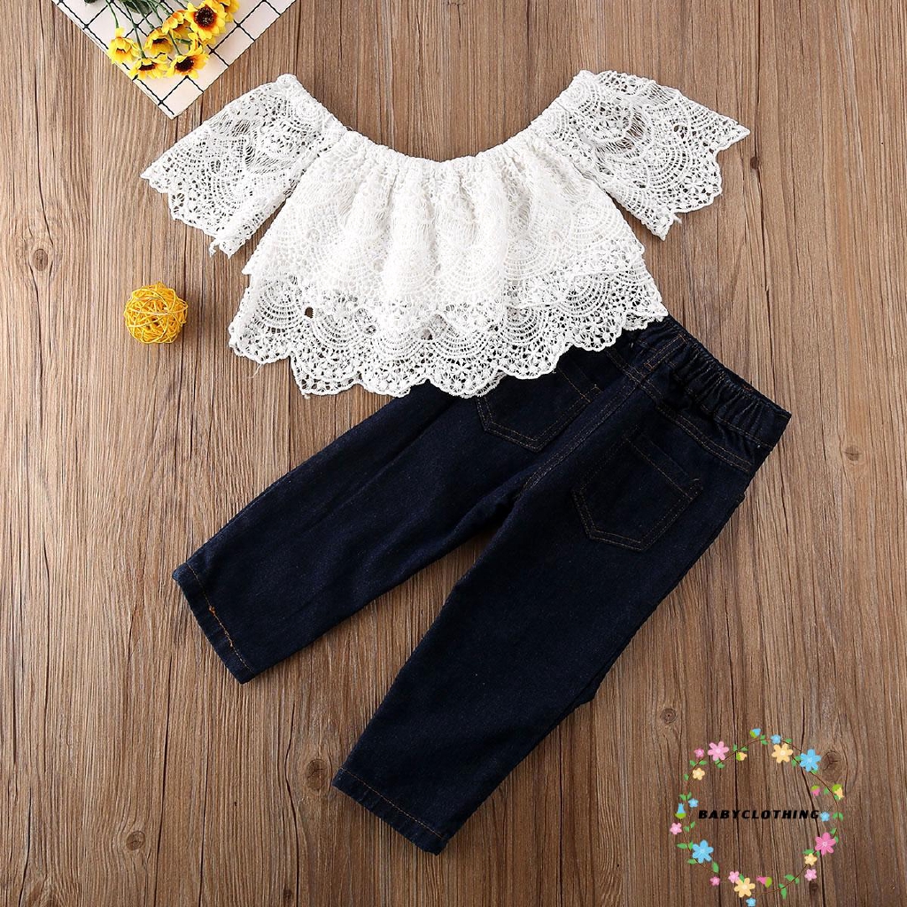 Set áo ngắn tay cổ tròn + Quần jeans dài thời trang cho bé gái