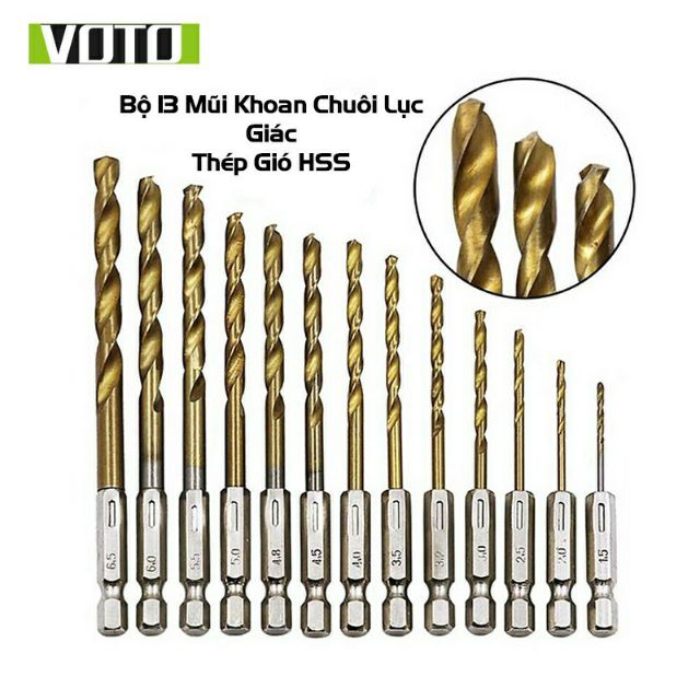 Bộ 13 Mũi Khoan  Thép Gió HSS Bọc Titanium Chuôi Lục Giác Dễ Dàng Thay Đổi