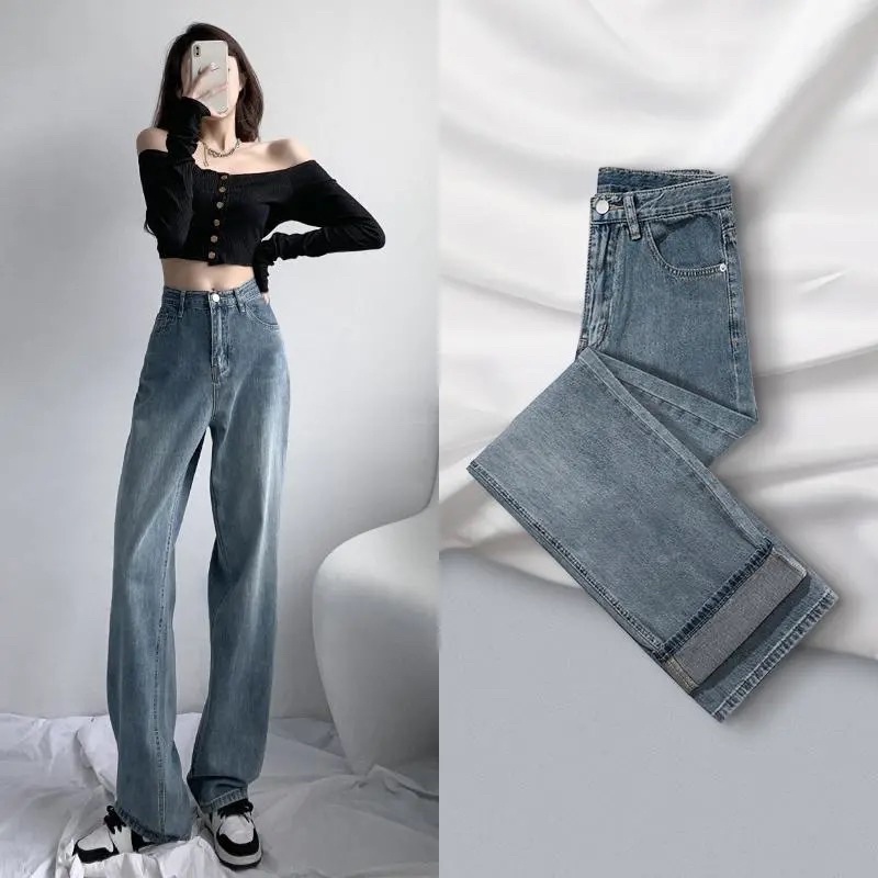 Quần jean nữ màu xanh nhạt lưng cao ống suông phom rộng mẫu mới phong cách Ulzzang Hàn Quốc hách dáng chất đẹp xu hướng | BigBuy360 - bigbuy360.vn