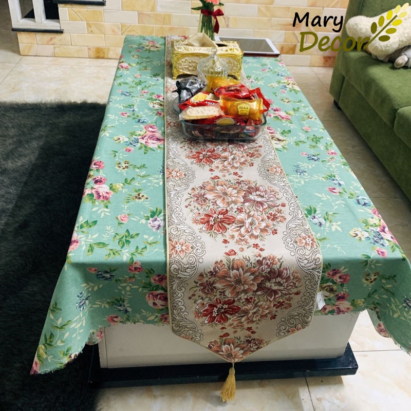 Khăn trải bàn ăn Mary Decor bằng vải lanh cotton chống bụi, Quà tặng 8-3 - họa tiết Hoa xanh vintage - KB-K04